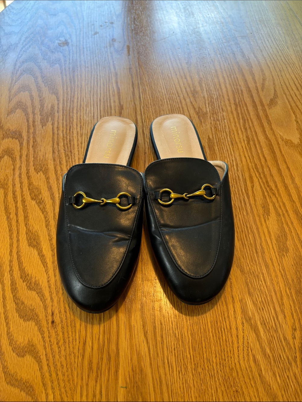 Amazon Black Leather like  Backless Mules with Gold Bit Accent